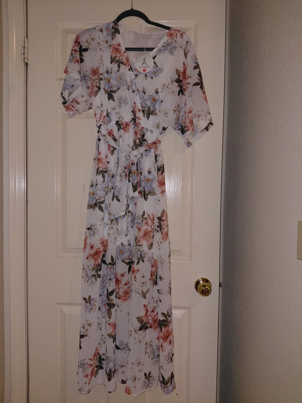 A New Day Floral V-Neck Maxi Dress - White with Pink & Blue Floral Print